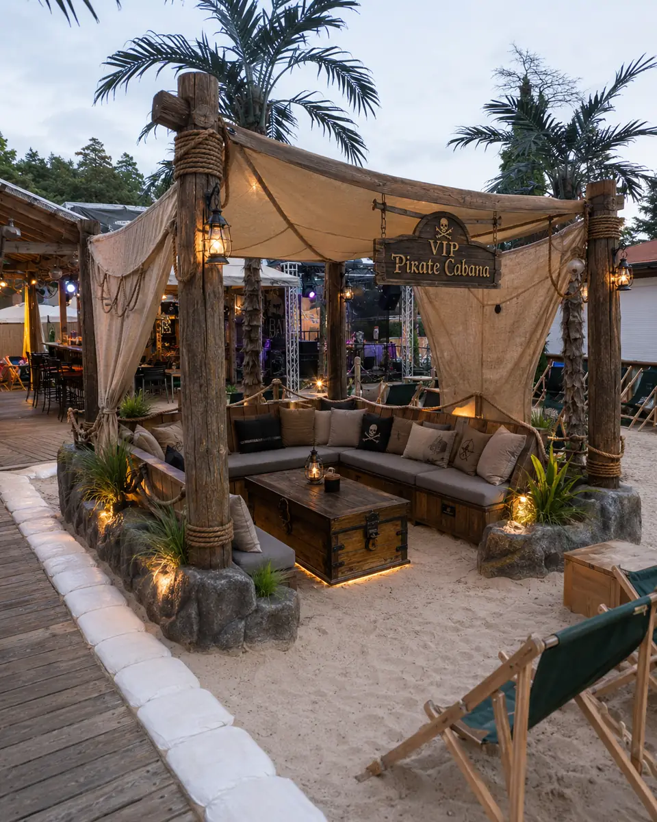 Tematyczna strefa plażowa: totemy i lounge